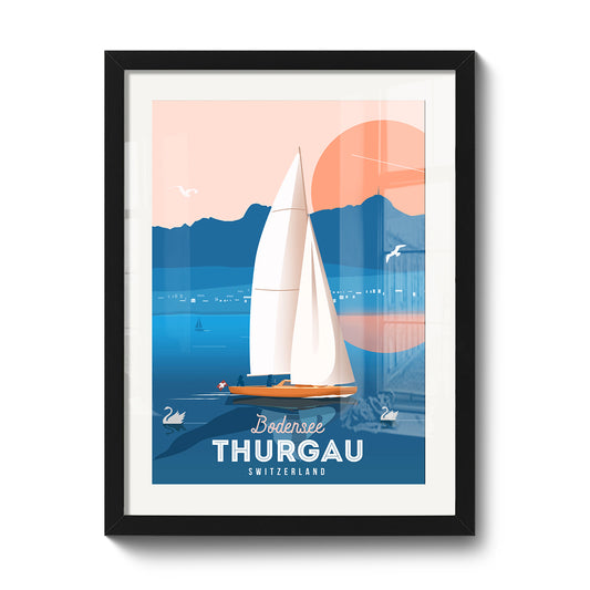 Tirage encadré 30 x 40 cm LEKKA : Voile sur le lac de Constance au couchant, avec le Säntis
