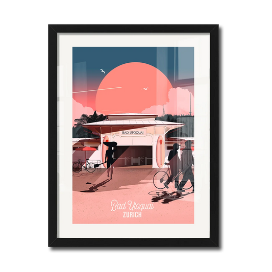 30 x 40 cm framed print by LEKKA: Bad Utoquai in Zurich, catching the early sun with the city and Uetliberg behind