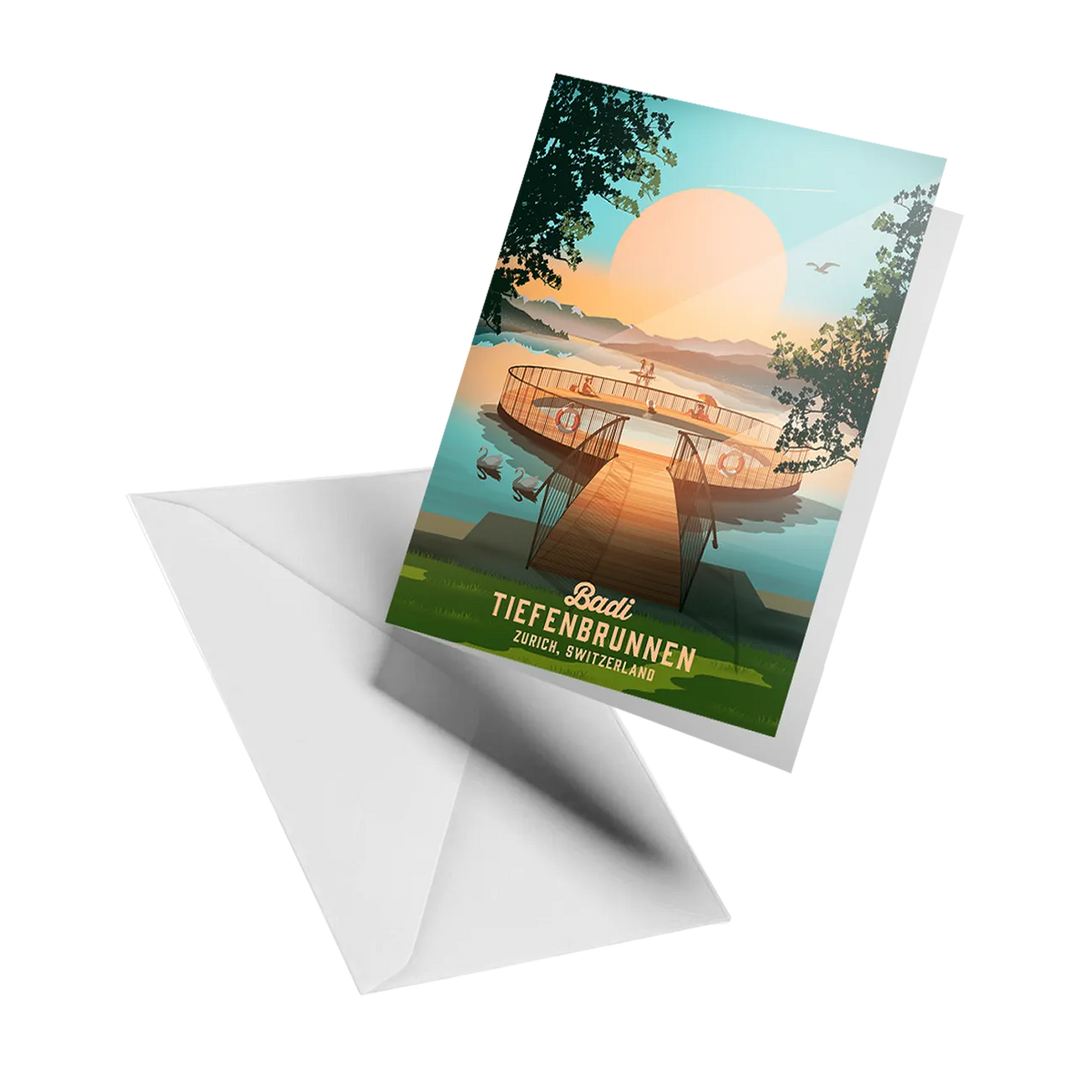 Illustrated greeting card by LEKKA: Badi Tiefenbrunnen on Lake Zurich at sunset, with swans on the water