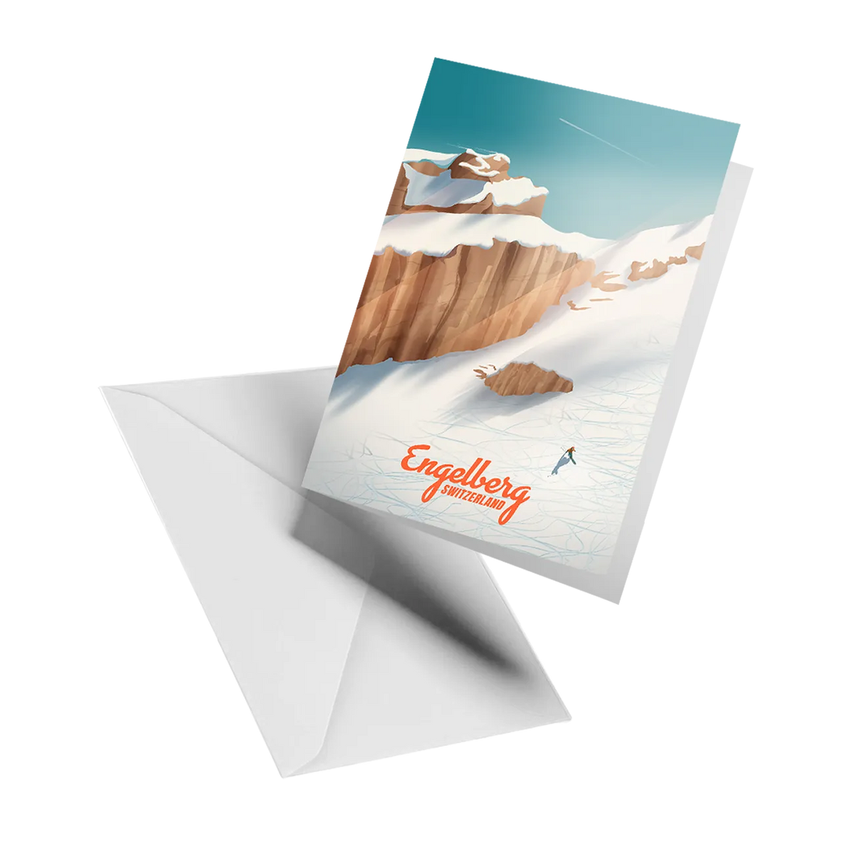 Illustrated greeting card by LEKKA: A lone skier on a sunny off-piste powder day in Engelberg