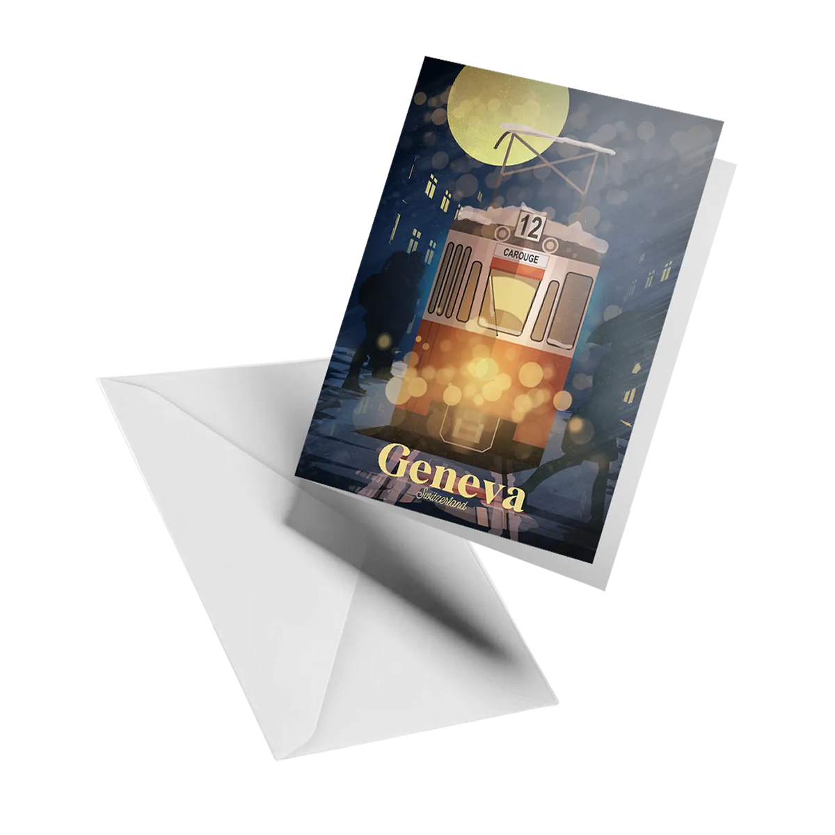 Illustrated greeting card by LEKKA: Geneva's tram 12 to Carouge in the snow