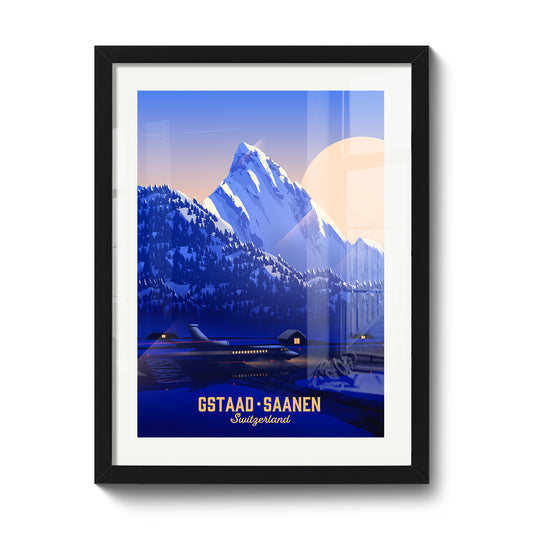Illustrated Swiss art print by LEKKA: An early winter morning in Gstaad as visitors fly in for Christmas