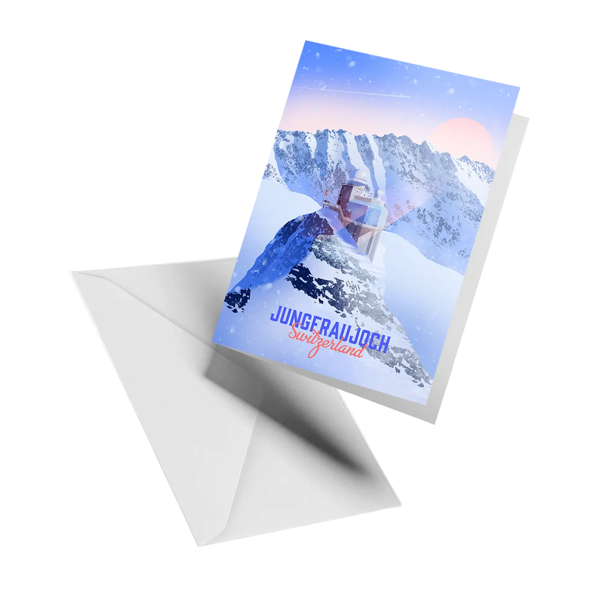 Illustrated greeting card by LEKKA: The Jungfraujoch, Top of Europe, at sunset
