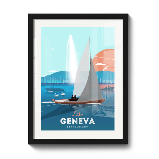 30 x 40 cm framed print by LEKKA: A warm summer evening on Lake Geneva with the Jet d'Eau