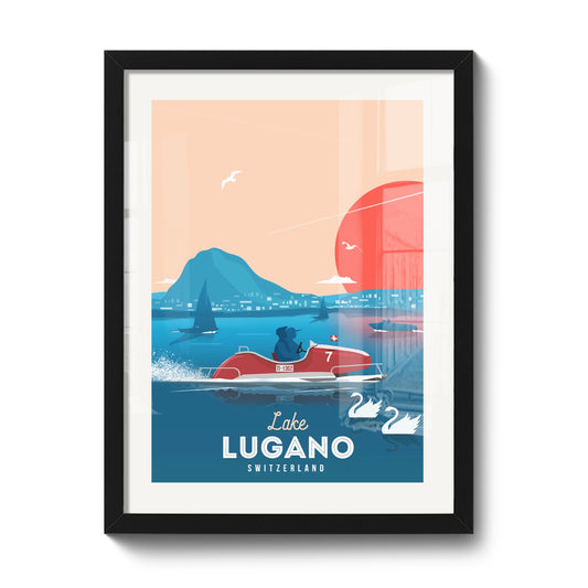 30 x 40 cm framed print by LEKKA: Classic pedal boats on Lake Lugano on a warm summer day