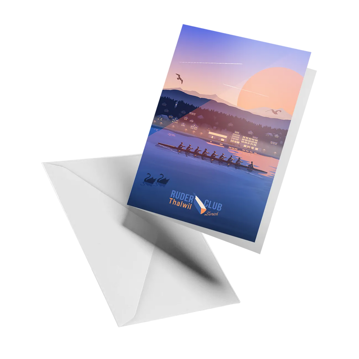 Illustrated greeting card by LEKKA: Rowers on Lake Zurich at sunrise at the Thalwil rowing club