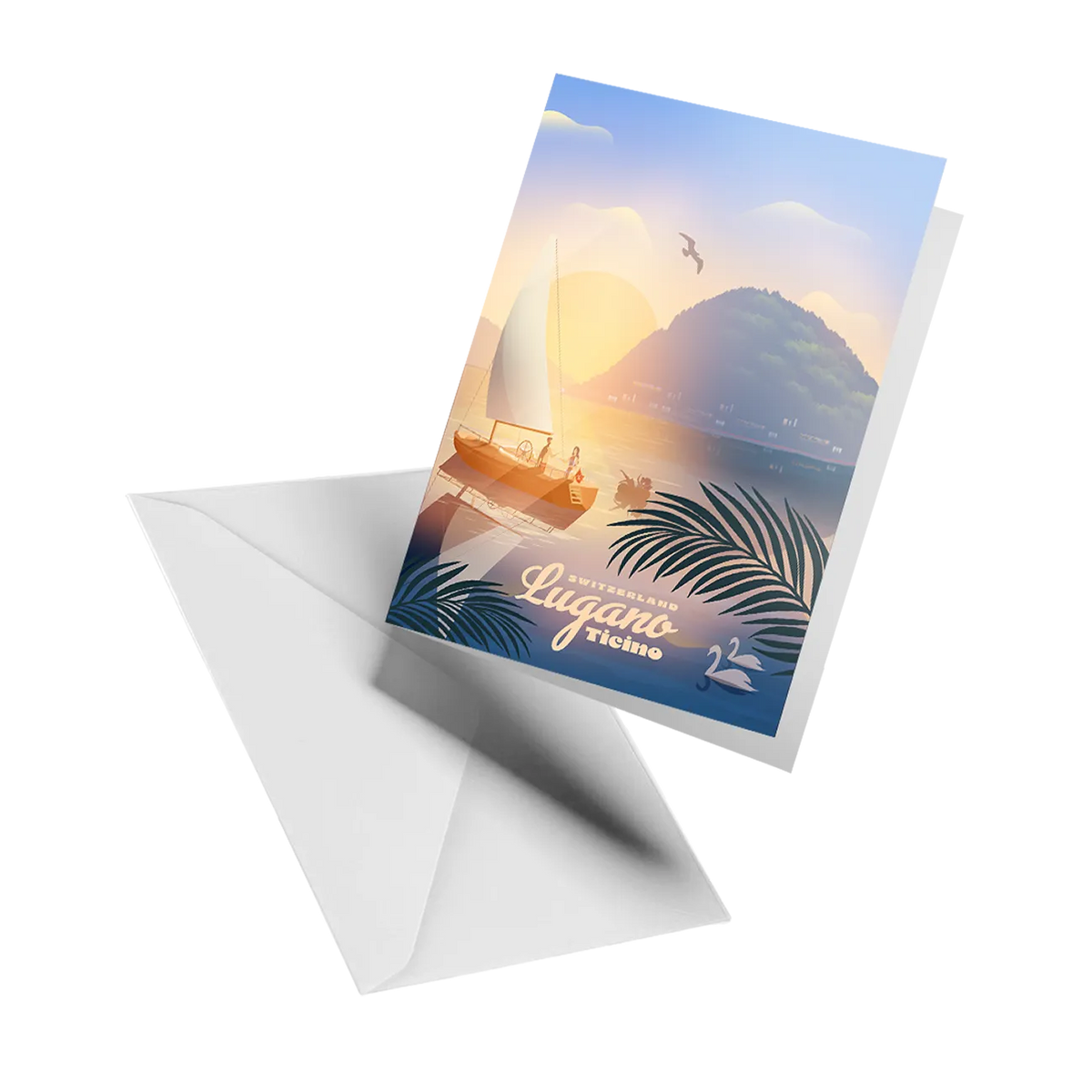 Illustrated greeting card by LEKKA: A sunset over Lake Lugano in Ticino