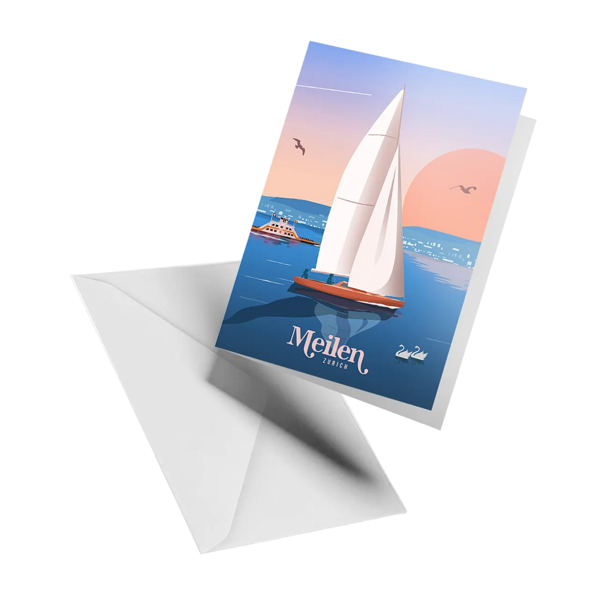 Illustrated greeting card by LEKKA: Sailing on Lake Zurich at Meilen