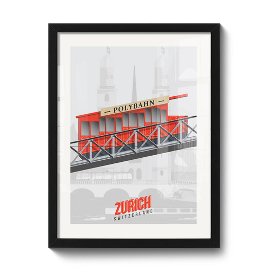 Illustration suisse LEKKA : Le funiculaire rouge Polybahn montant vers l'université à Zurich