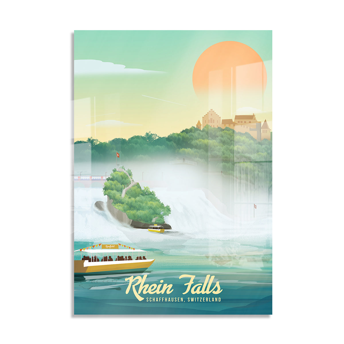 Plexiglas print by LEKKA: The Rhine Falls and Laufen Castle at sunset