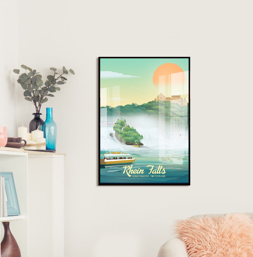 LEKKA print on a living room wall: The Rhine Falls and Laufen Castle at sunset