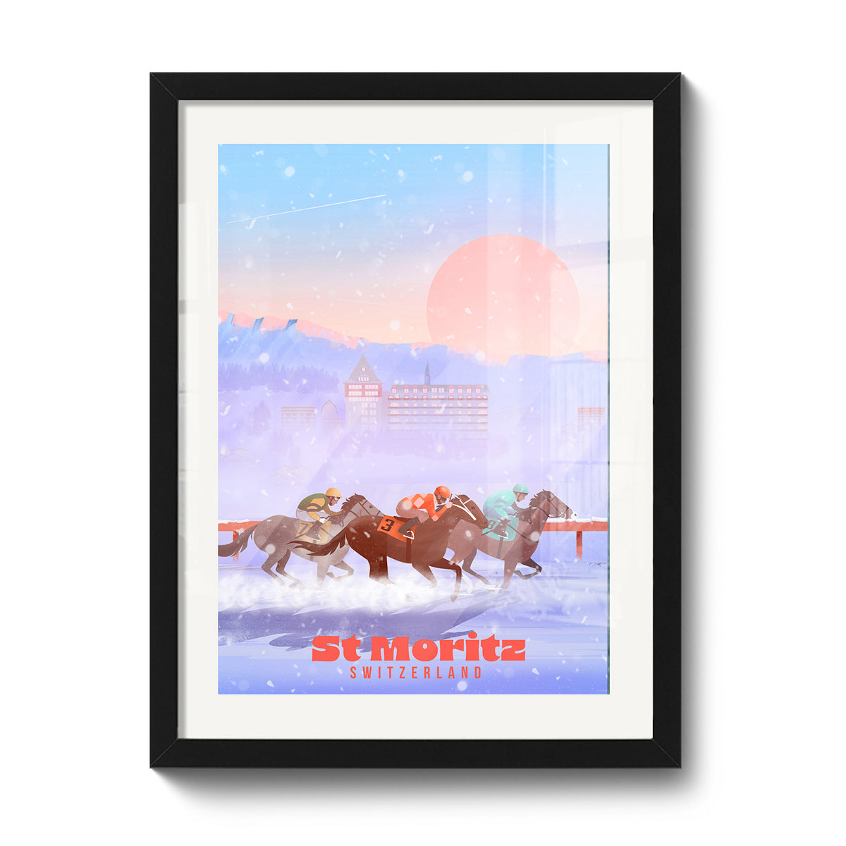 Gerahmter Druck 30 x 40 cm von LEKKA: White Turf, die Pferderennen auf dem gefrorenen See von St. Moritz