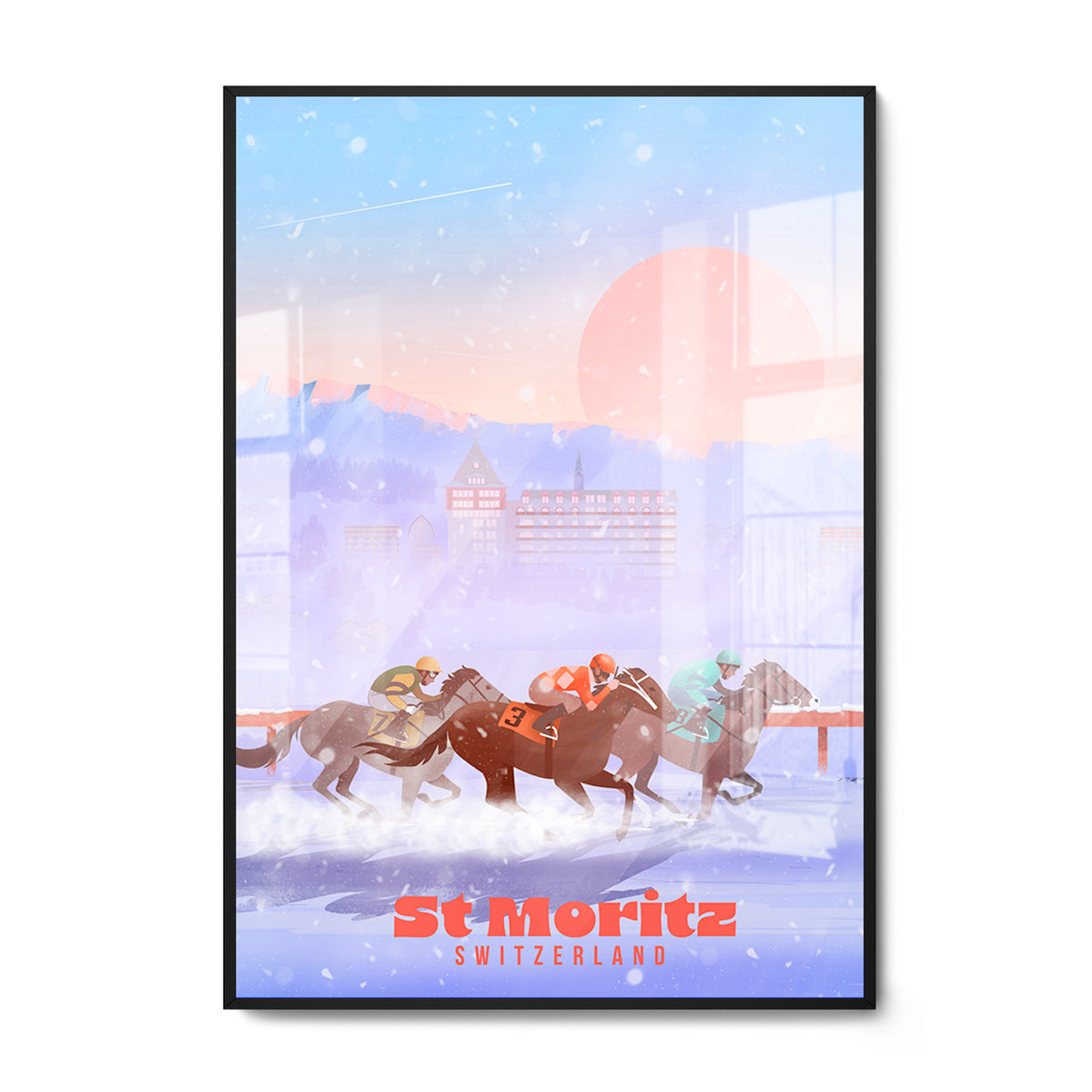 Gerahmtes A2-Poster von LEKKA: White Turf, die Pferderennen auf dem gefrorenen See von St. Moritz