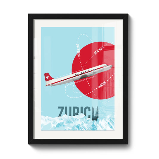 Tirage encadré 30 x 40 cm LEKKA : Un DC-6B Swiss Air décollant de Zurich le matin