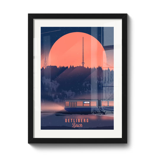 Illustration suisse LEKKA : L'Uetliberg, la montagne de Zurich, en style affiche rétro