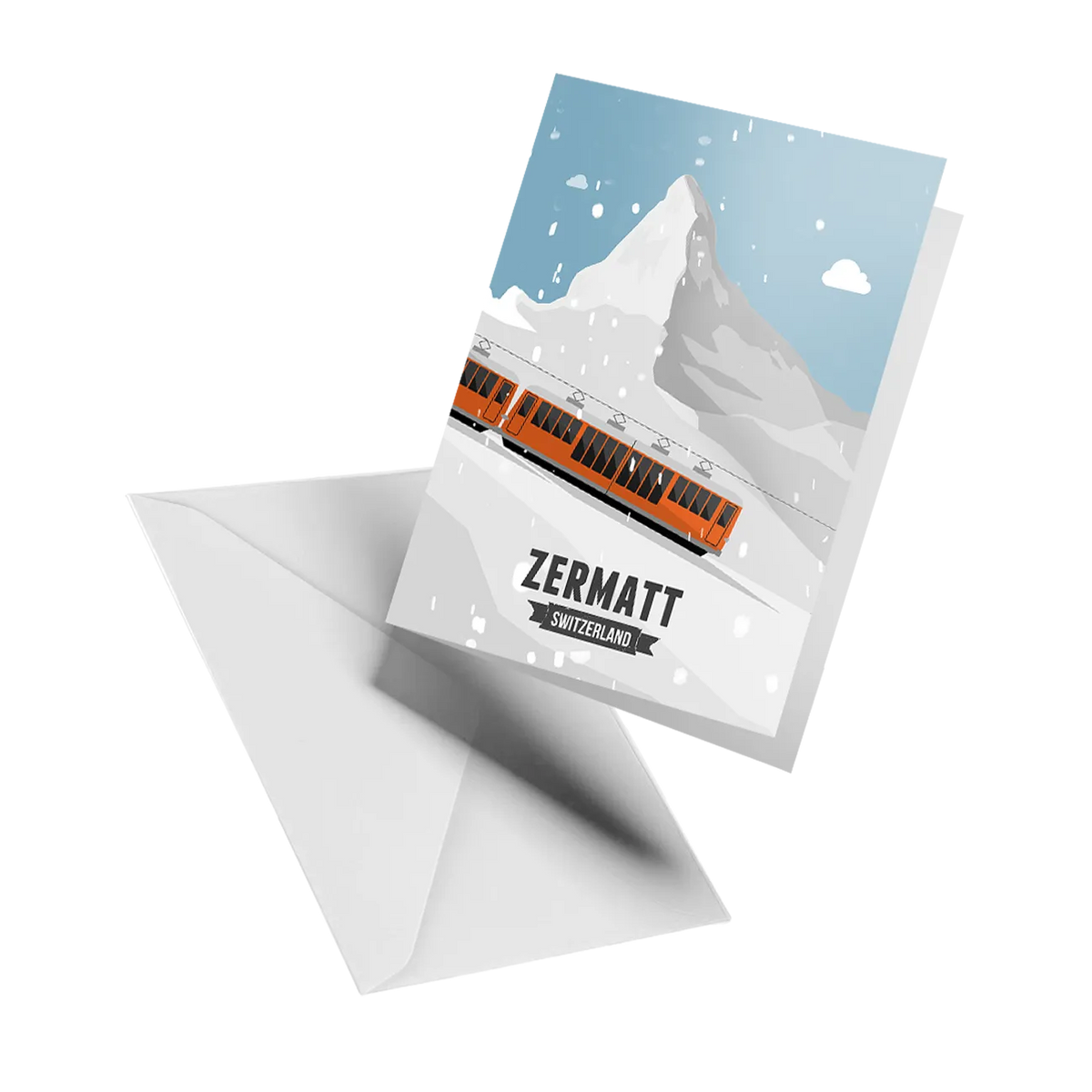 Illustrated greeting card by LEKKA: An orange train climbing towards the Matterhorn in Zermatt