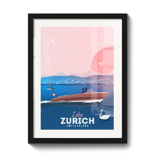 Tirage encadré 30 x 40 cm LEKKA : Un bateau sur le lac de Zurich par une douce soirée d'été