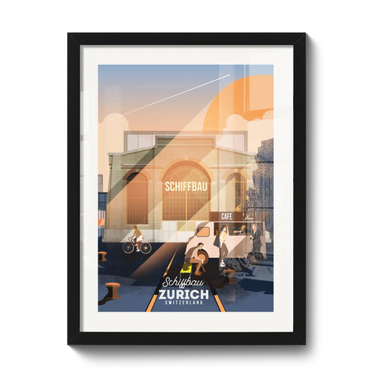 Tirage encadré 30 x 40 cm LEKKA : Le Schiffbau à Zurich s'anime au coucher du soleil