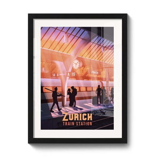 Illustration suisse LEKKA : Un quai de la gare de Zurich au coucher du soleil