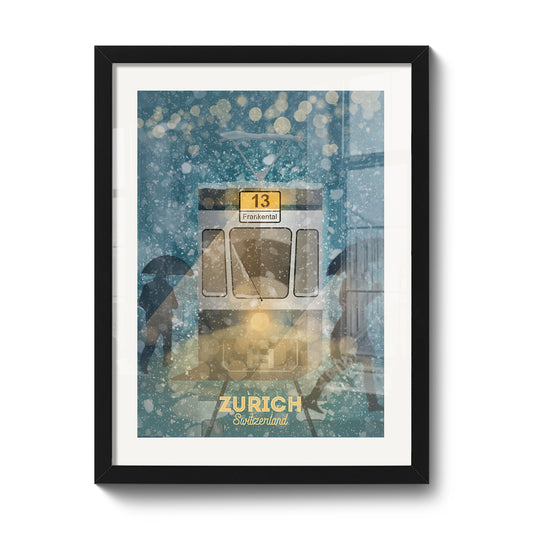 Tirage encadré 30 x 40 cm LEKKA : Un tram zurichois sous la neige à Noël