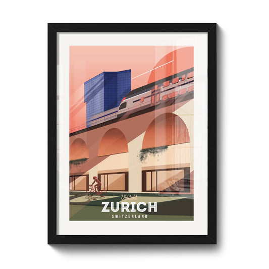 Tirage encadré 30 x 40 cm LEKKA : Le Viadukt de Zurich, animé par les trains et les trams