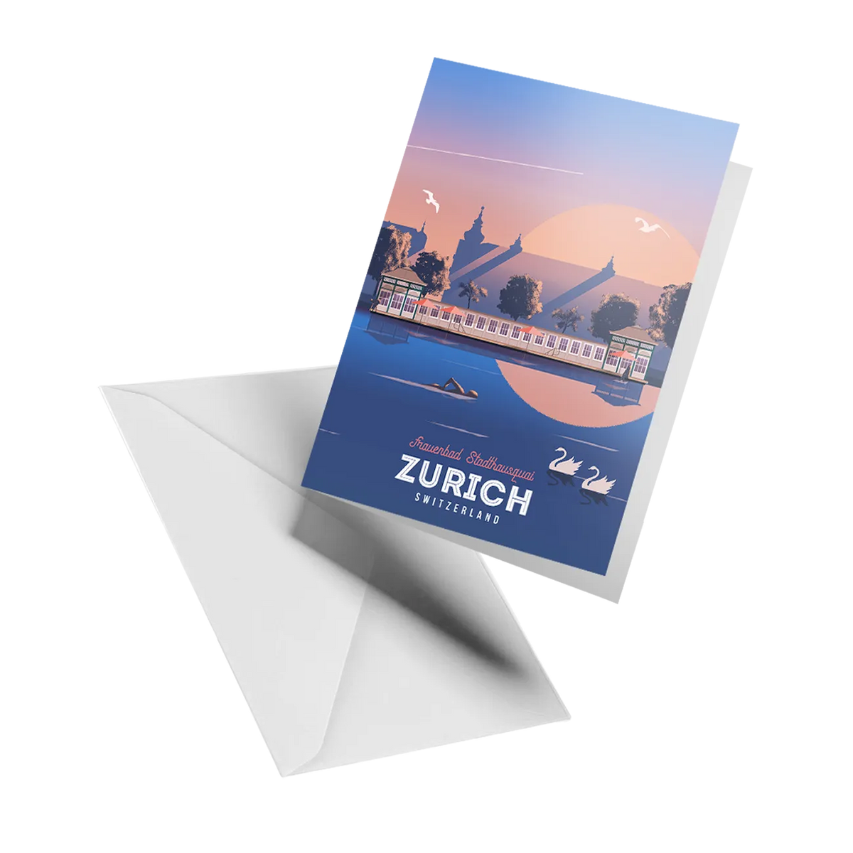 Illustrated greeting card by LEKKA: The Frauenbadi, Zurich's women-only lake bath and evening bar