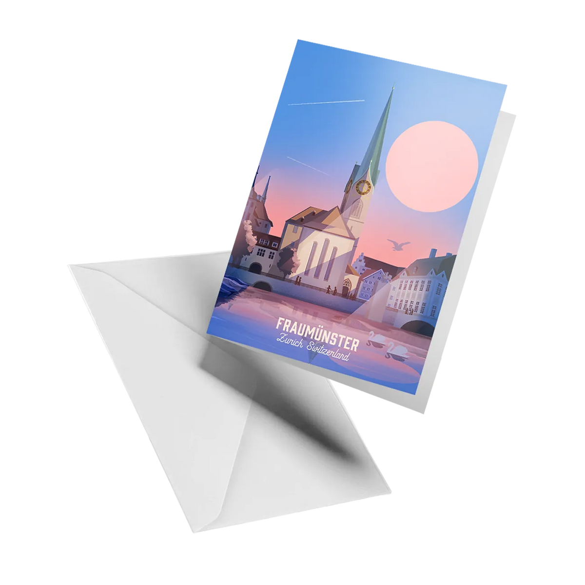 Illustrated greeting card by LEKKA: The Fraumünster church on the Limmat in Zurich