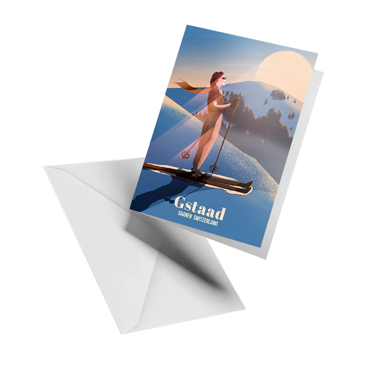 Illustrated greeting card by LEKKA: A nostalgic lady poised above the Gstaad valley