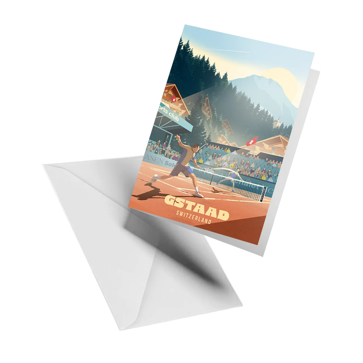 Illustrated greeting card by LEKKA: The Gstaad Tennis Club in full swing, with red clay courts