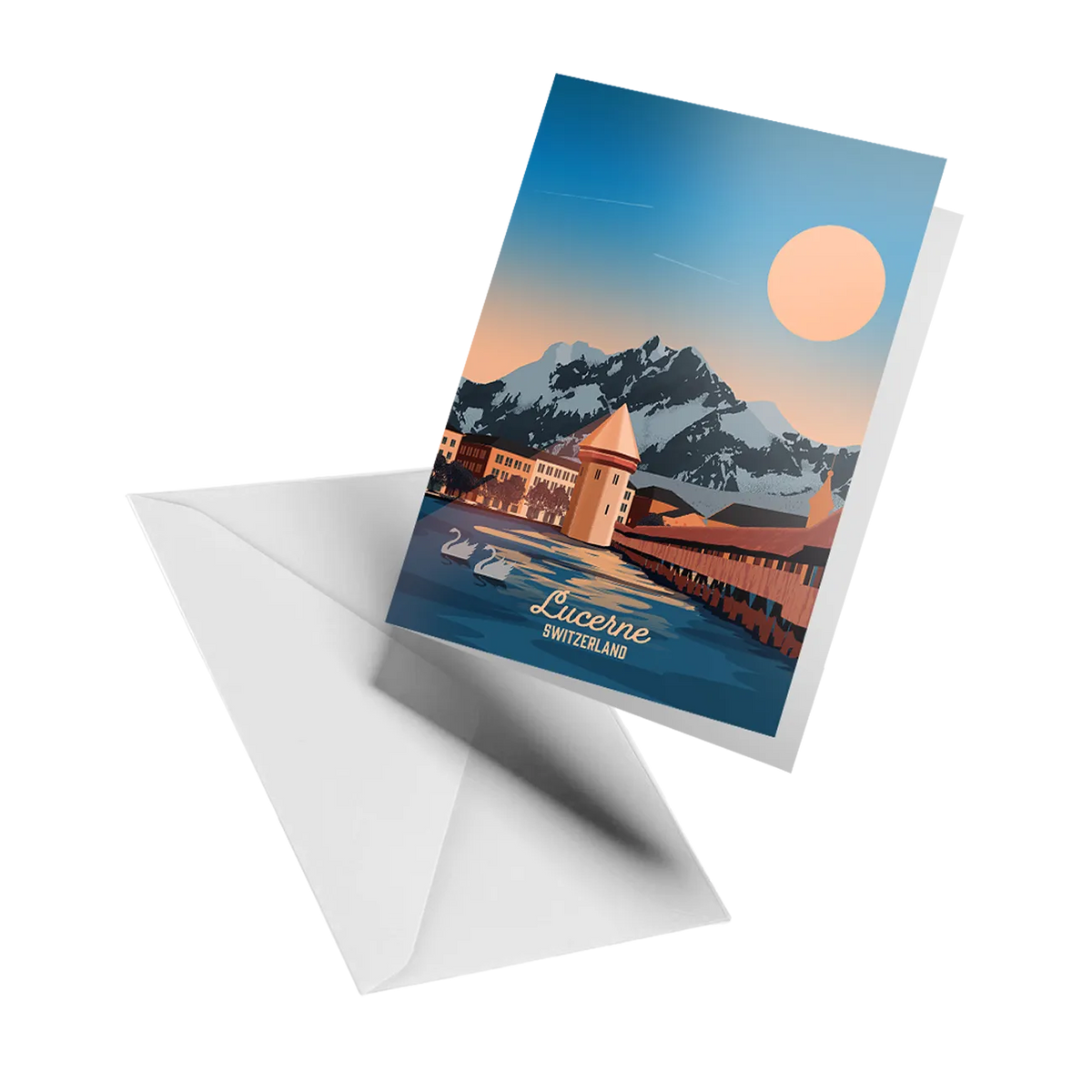 Illustrated greeting card by LEKKA: Lucerne with snowy mountains behind the lake