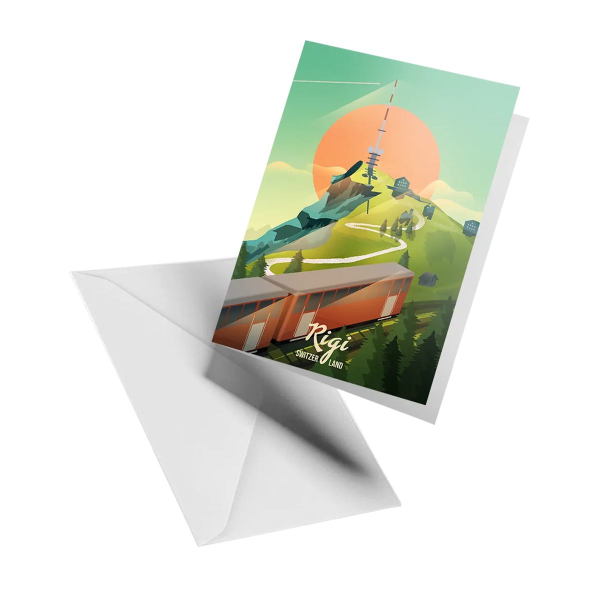 Illustrated greeting card by LEKKA: Mount Rigi and its cogwheel train on a summer day