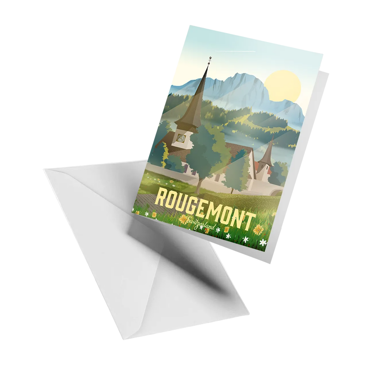 Illustrated greeting card by LEKKA: The village of Rougemont in the Pays-d'Enhaut