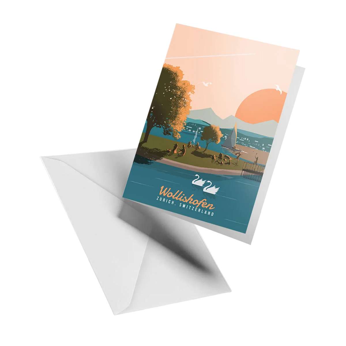 Illustrated greeting card by LEKKA: The Saffa island in Wollishofen, Zurich's summer spot for grills and volleyball