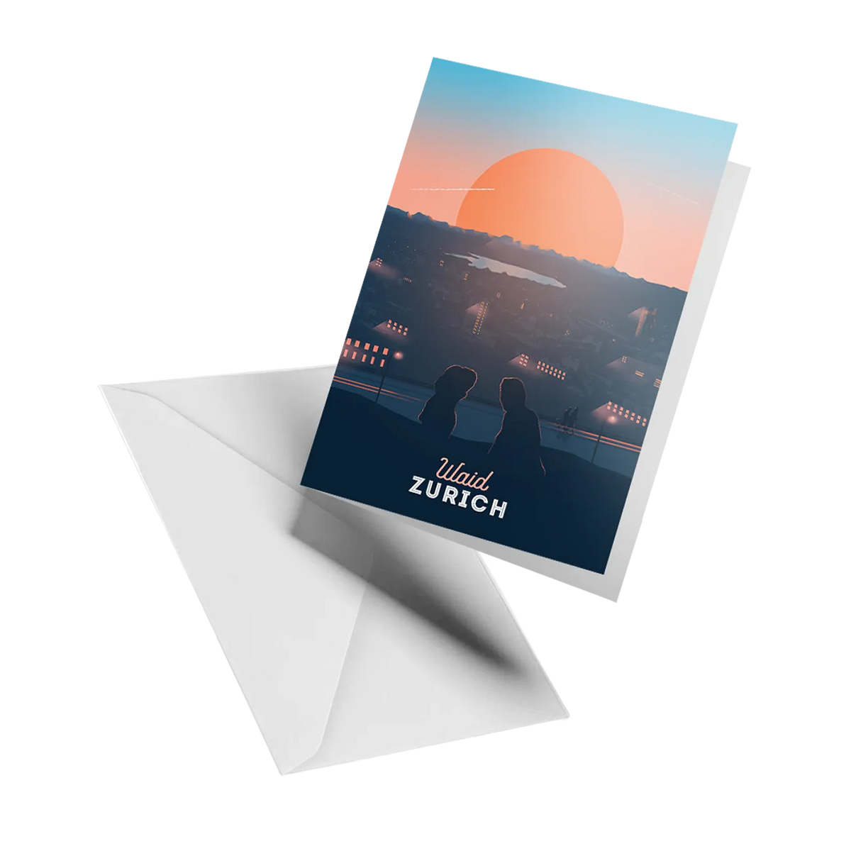 Illustrated greeting card by LEKKA: The Waid, Zurich's best viewpoint for sunsets over the city