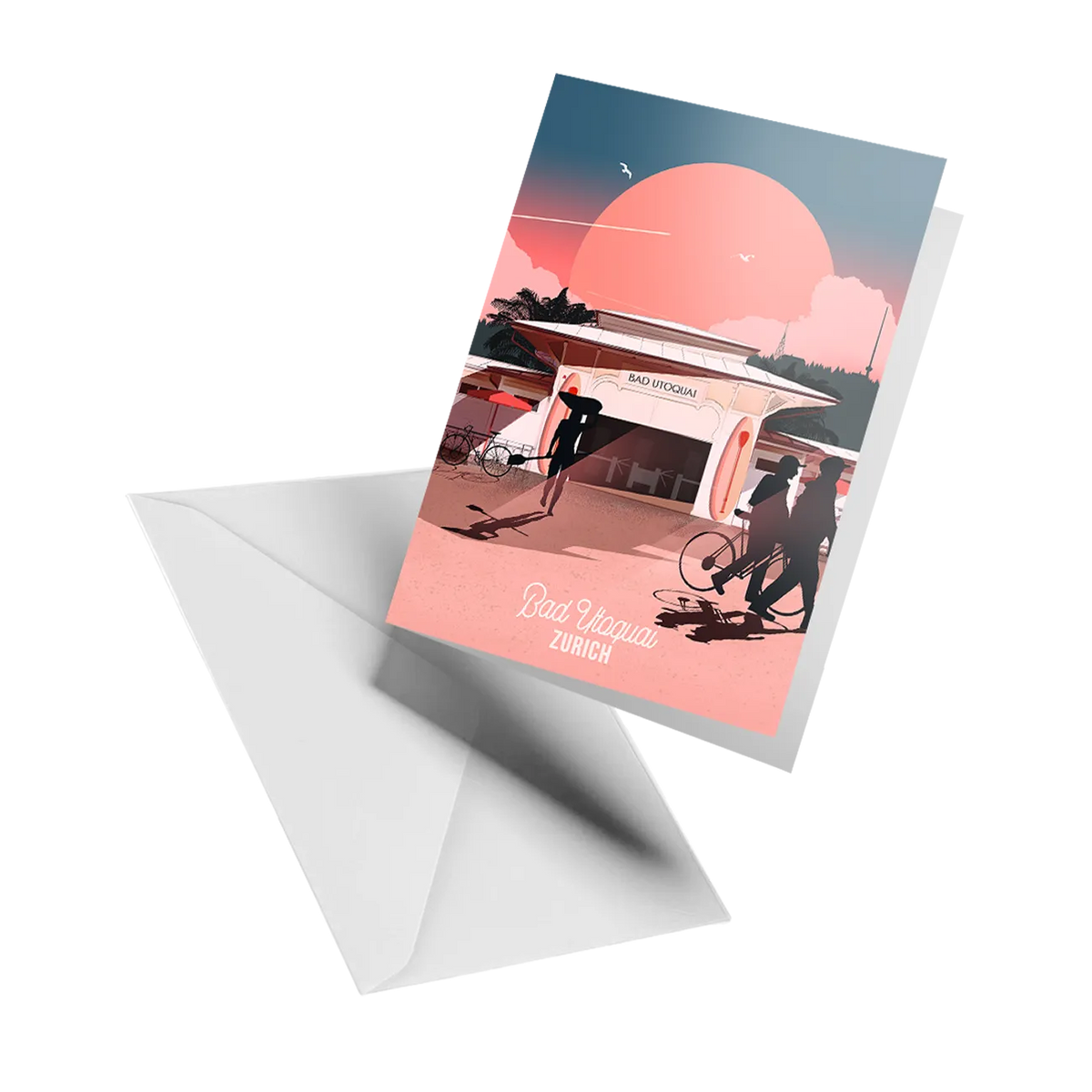 Illustrated greeting card by LEKKA: Bad Utoquai on Lake Zurich, catching the early sun with the city and Uetliberg behind