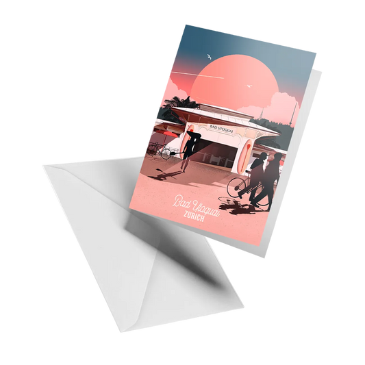 Illustrated greeting card by LEKKA: Bad Utoquai on Lake Zurich, catching the early sun with the city and Uetliberg behind