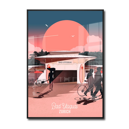 Framed A2 poster by LEKKA: Bad Utoquai in Zurich, catching the early sun with the city and Uetliberg behind