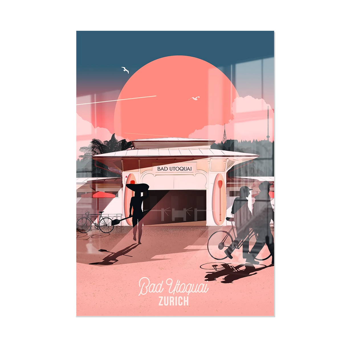 Plexiglas print by LEKKA: Bad Utoquai in Zurich, catching the early sun with the city and Uetliberg behind