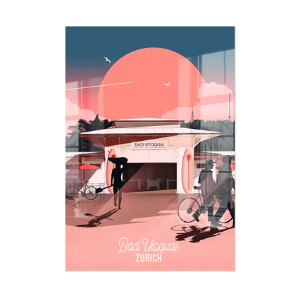 Plexiglas print by LEKKA: Bad Utoquai in Zurich, catching the early sun with the city and Uetliberg behind