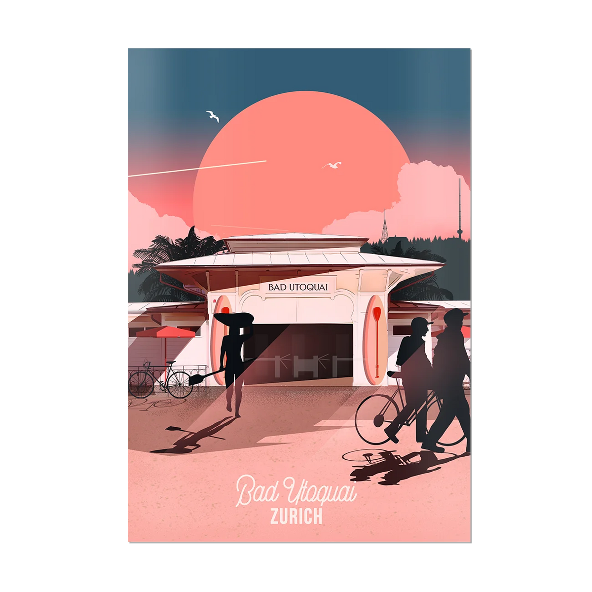 Unframed A2 poster by LEKKA: Bad Utoquai in Zurich, catching the early sun with the city and Uetliberg behind
