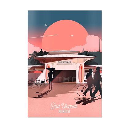 Unframed A2 poster by LEKKA: Bad Utoquai in Zurich, catching the early sun with the city and Uetliberg behind