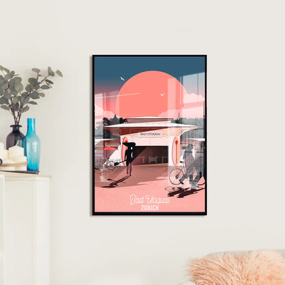 LEKKA print on a living room wall: Bad Utoquai in Zurich, catching the early sun with the city and Uetliberg behind