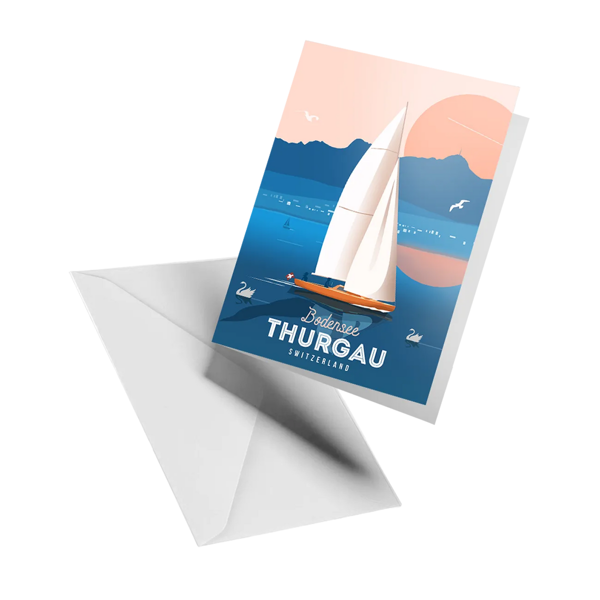 Illustrated greeting card by LEKKA: Sailing on Lake Constance at sunset, with the Säntis behind
