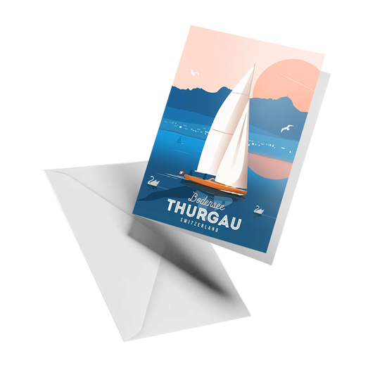 Illustrated greeting card by LEKKA: Sailing on Lake Constance at sunset, with the Säntis behind