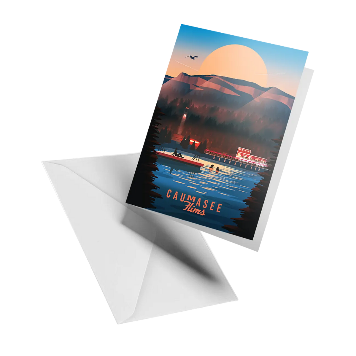 Illustrated greeting card by LEKKA: The Caumasee near Flims, a turquoise lake hidden in the mountains