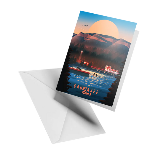 Illustrated greeting card by LEKKA: The Caumasee near Flims, a turquoise lake hidden in the mountains