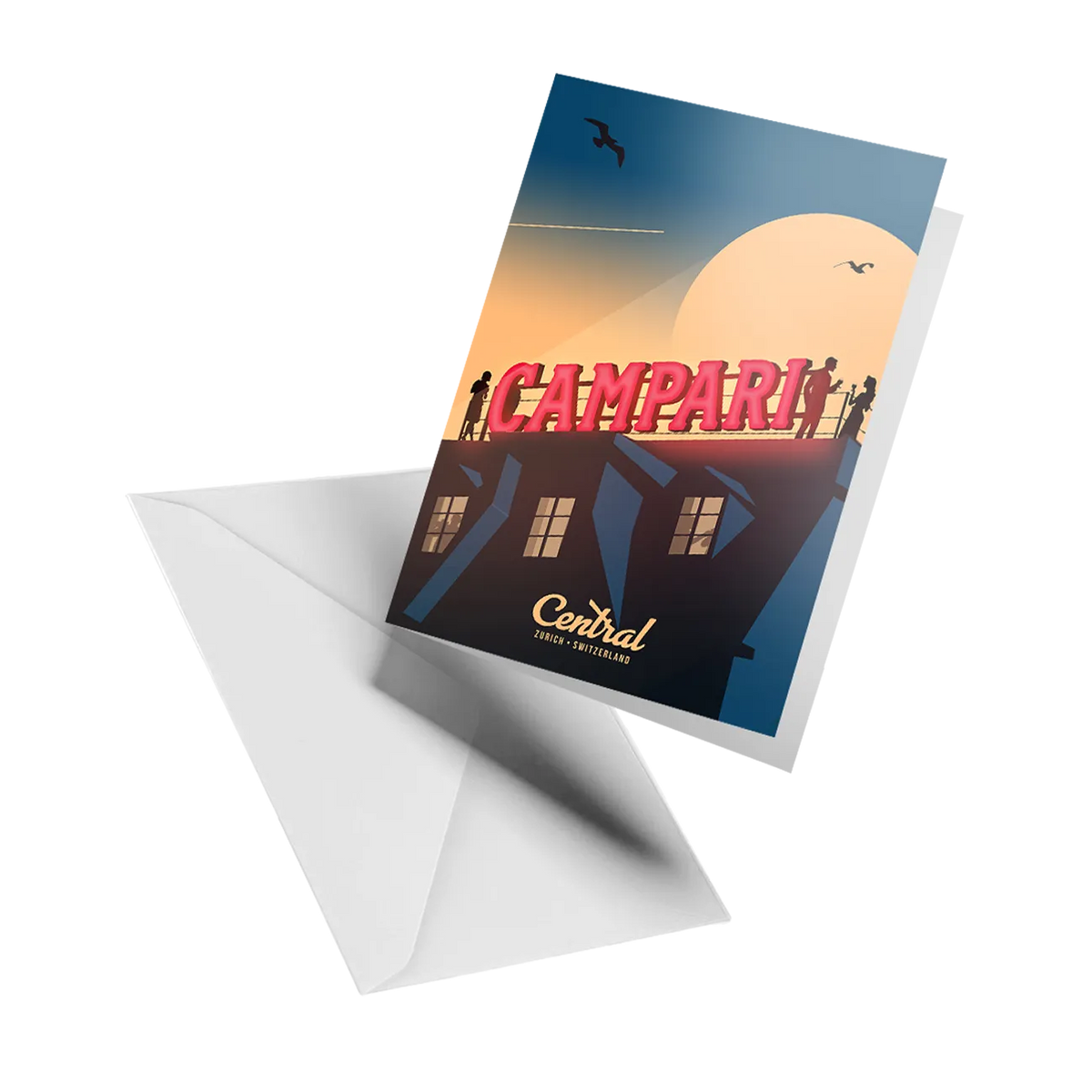 Illustrated greeting card by LEKKA: A rooftop sunset over Central in Zurich