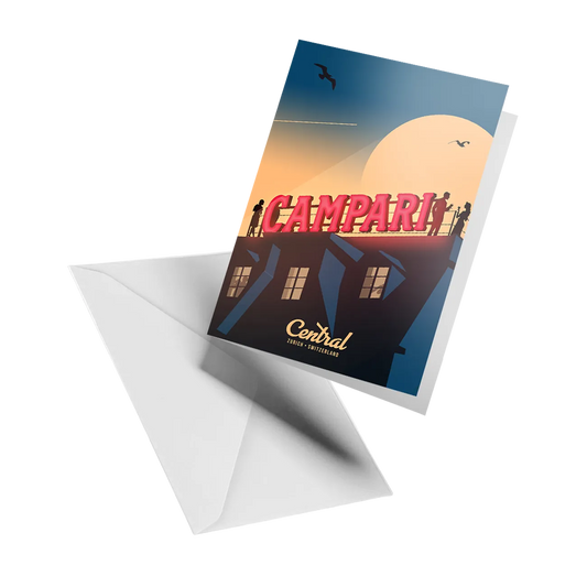 Illustrated greeting card by LEKKA: A rooftop sunset over Central in Zurich