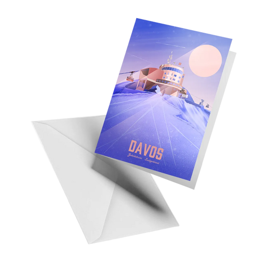 Illustrated greeting card by LEKKA: The Jakobshorn restaurant and cable car station in Davos