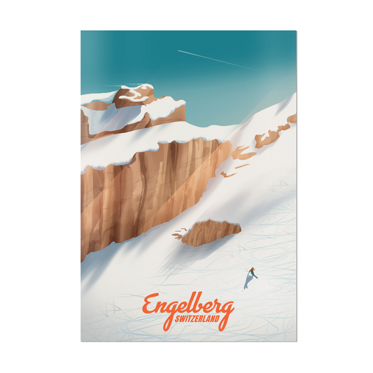 Unframed A2 poster by LEKKA: A lone skier on a sunny off-piste powder day in Engelberg